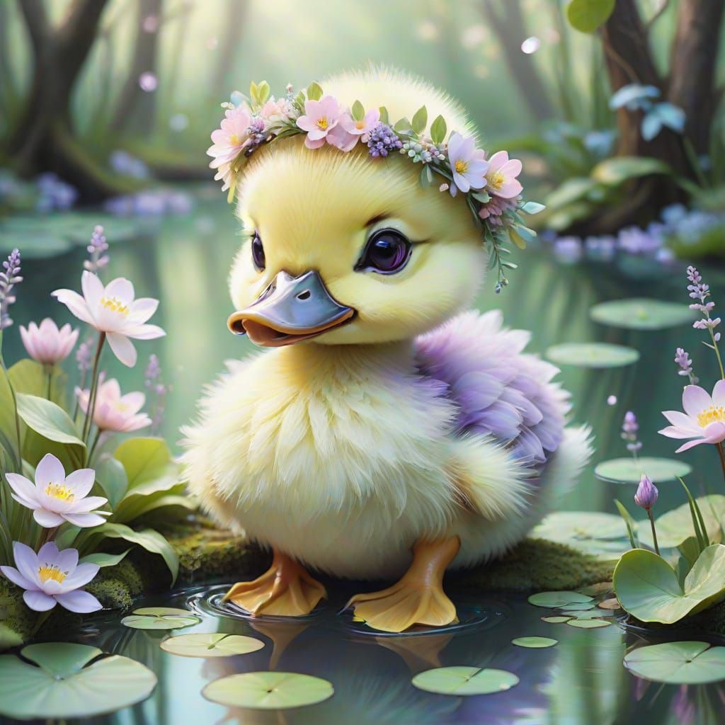 Cute Duckling with Flower Crown in Kawaii Style