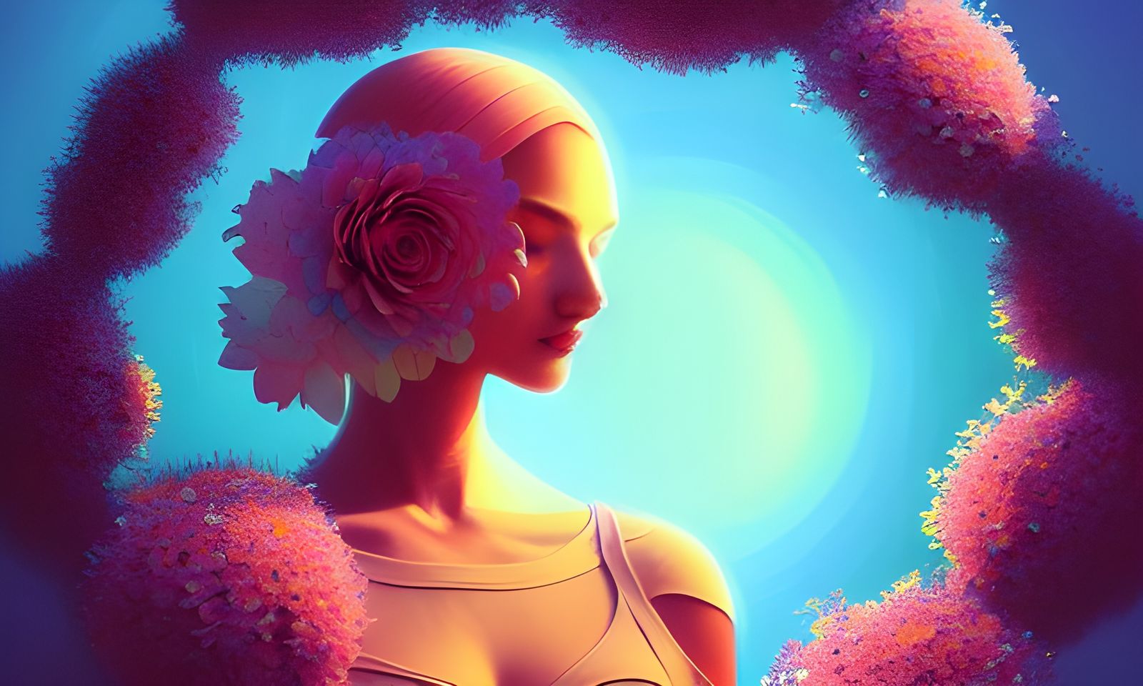 Floral Woman at Sunrise: Digital Hyperrealism