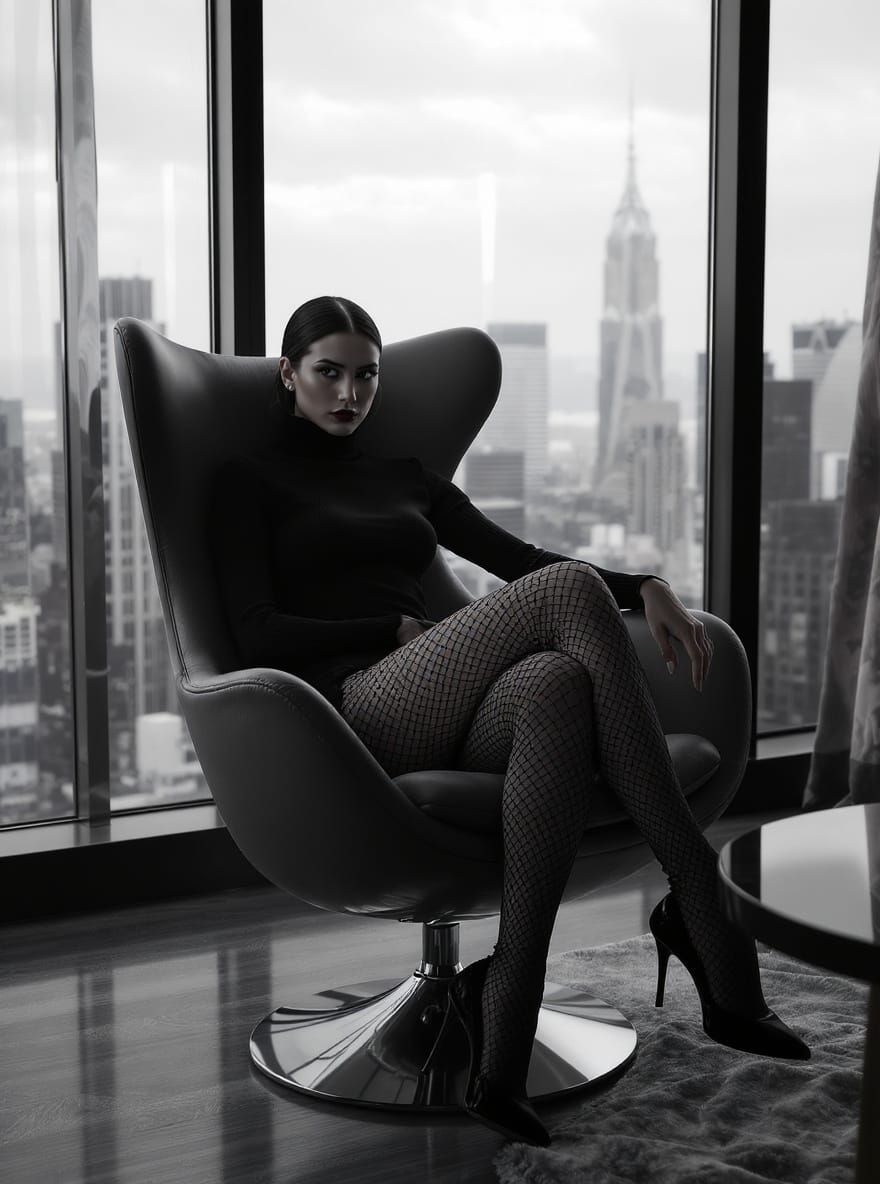 Noir Elegance: Woman in Stockings in High-Rise Setting