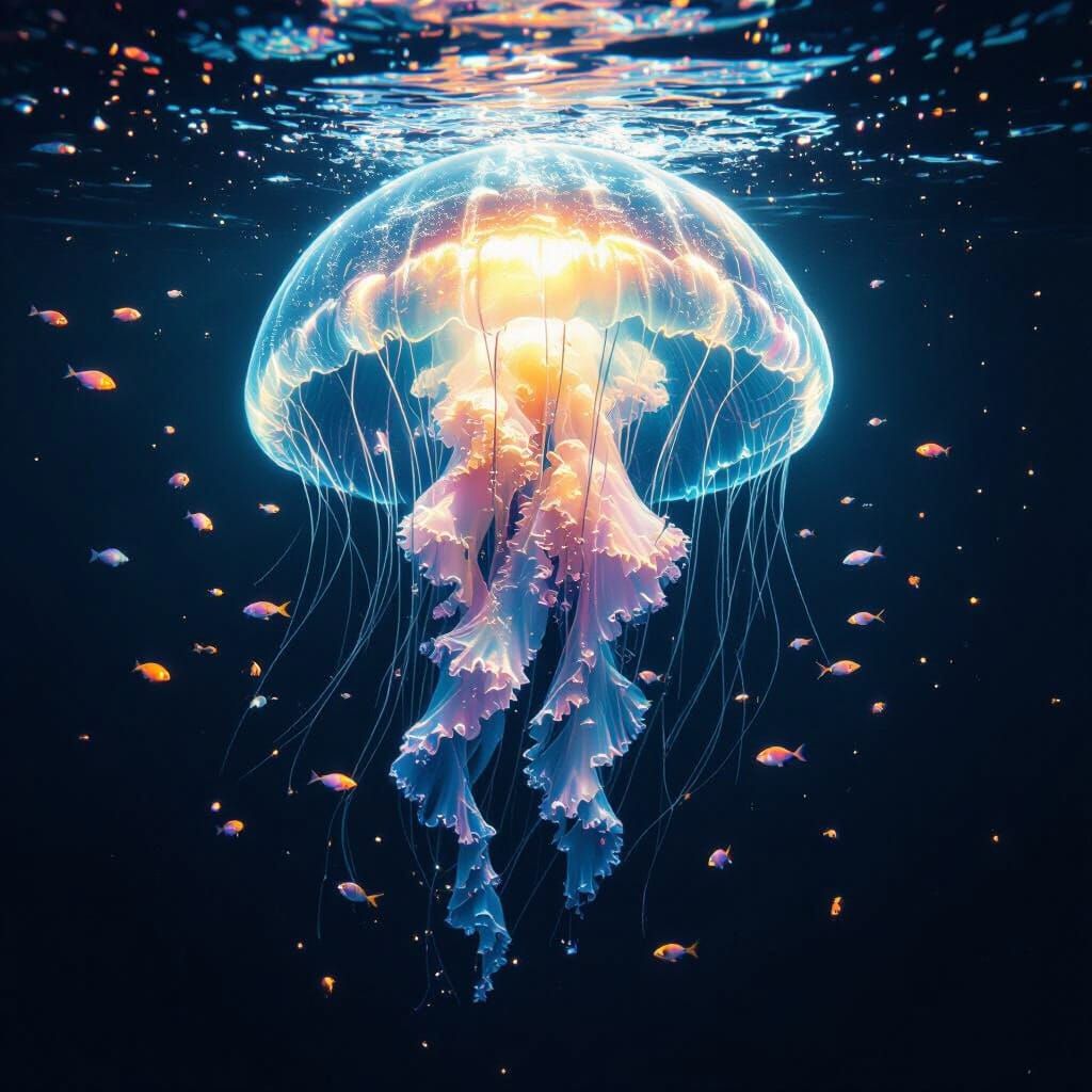 Bioluminescent Jellyfish in Deep Ocean Trench