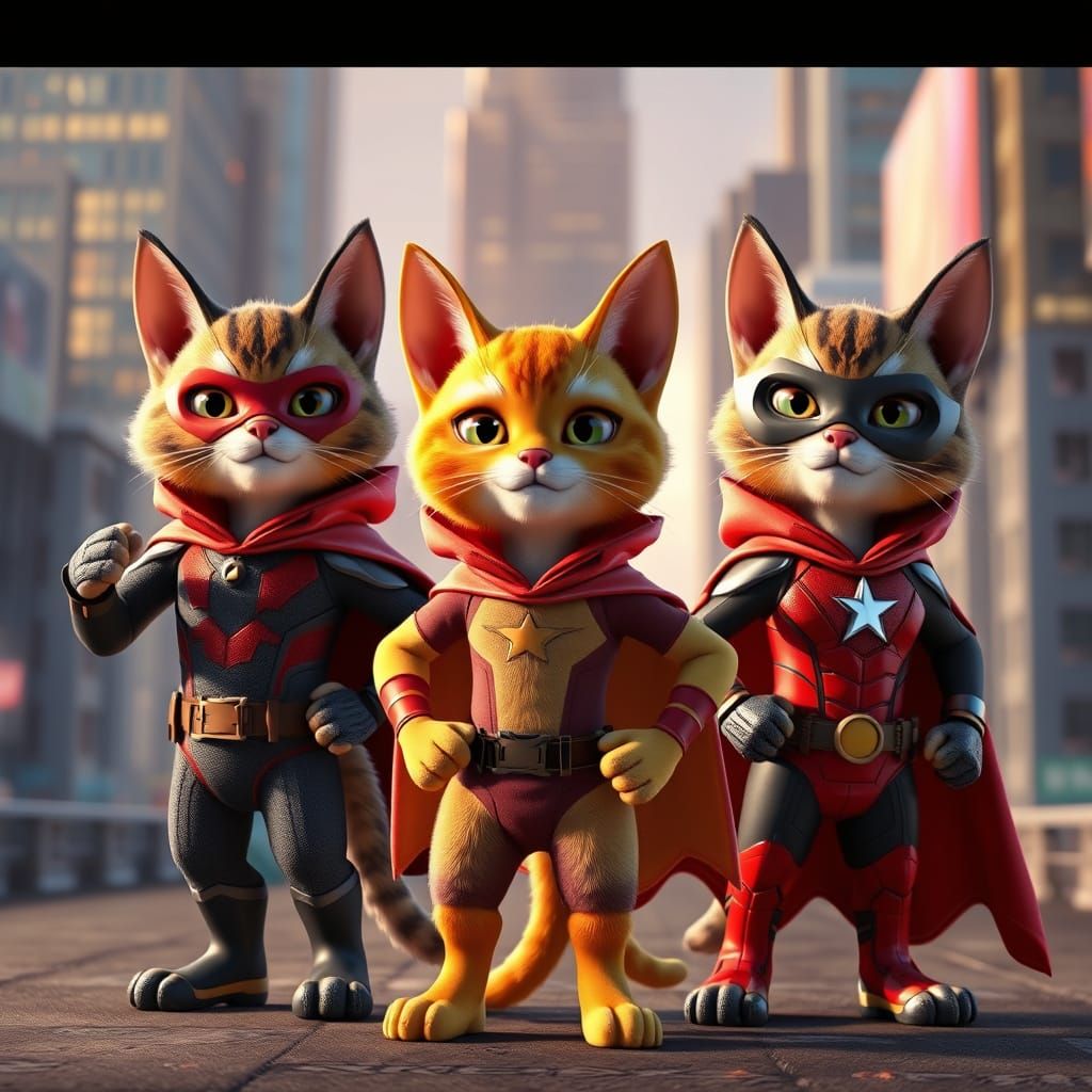 Heroic Furry Cats in Superhero Cityscape, Pixar Style