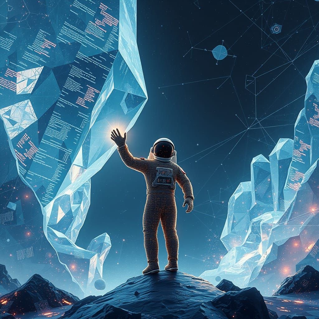 Pixelated Astronaut Touches Digital Crystal in Cosmic Void