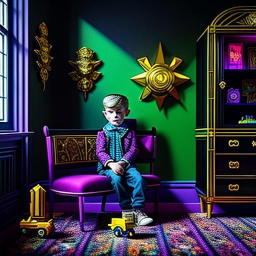 Art Deco Bedroom Scene with Glowing Starry Walls