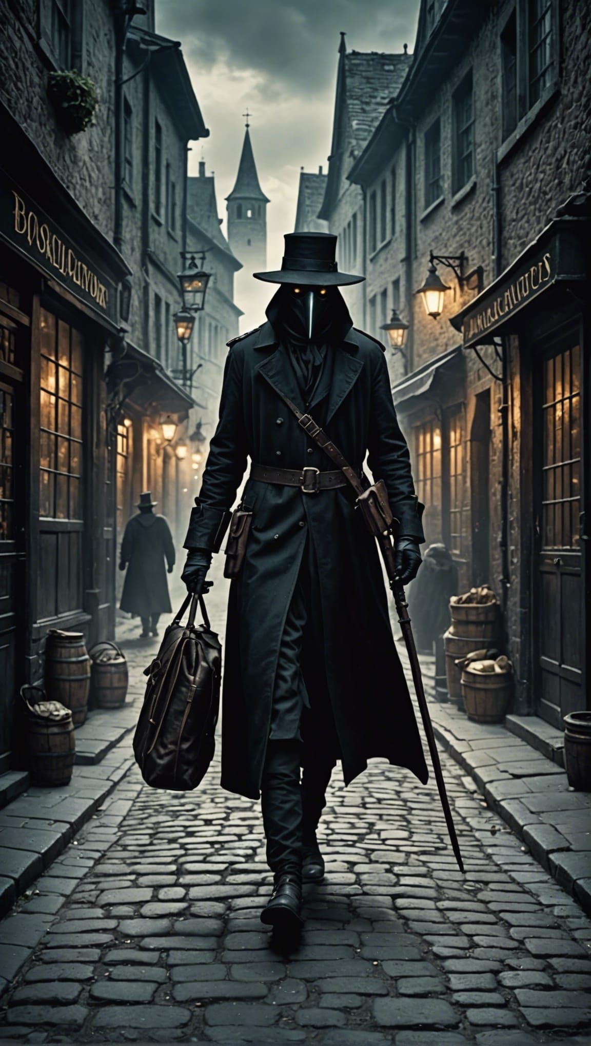 Plague Doctor Walks Noir Medieval Streets