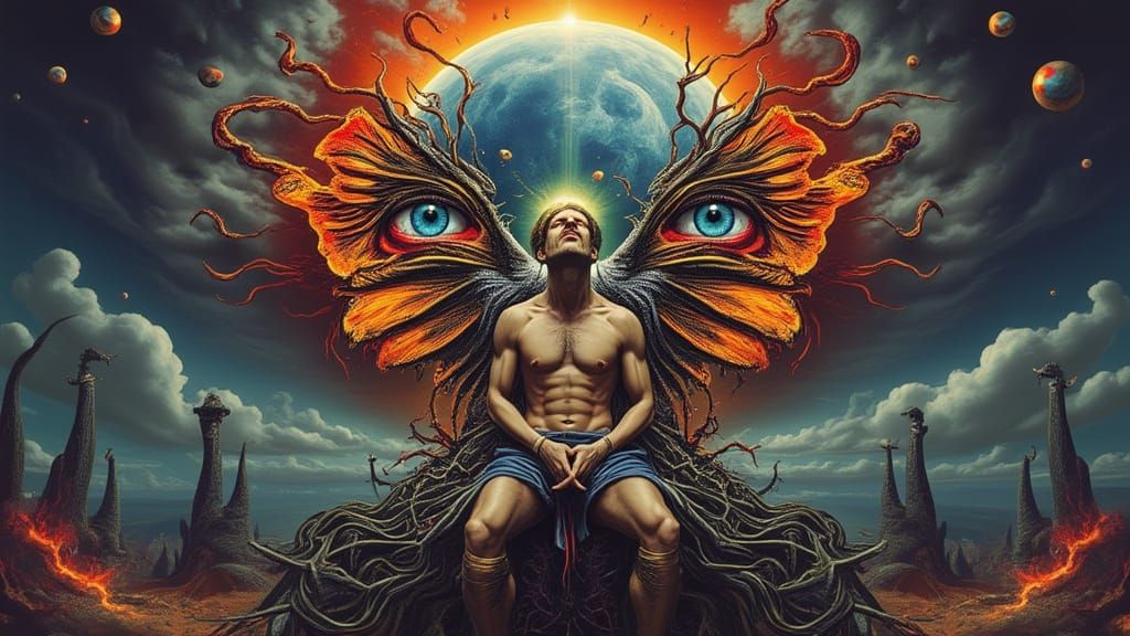 Man Mutation with Fiery Eyes in Fractal Man's Mouth