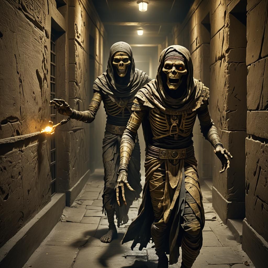 Scary Mummy in Dark Pyramid Corridor