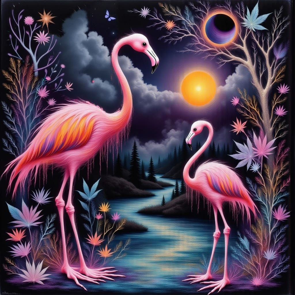 Iridescent Flamingo in Gothic Nebula Art Style