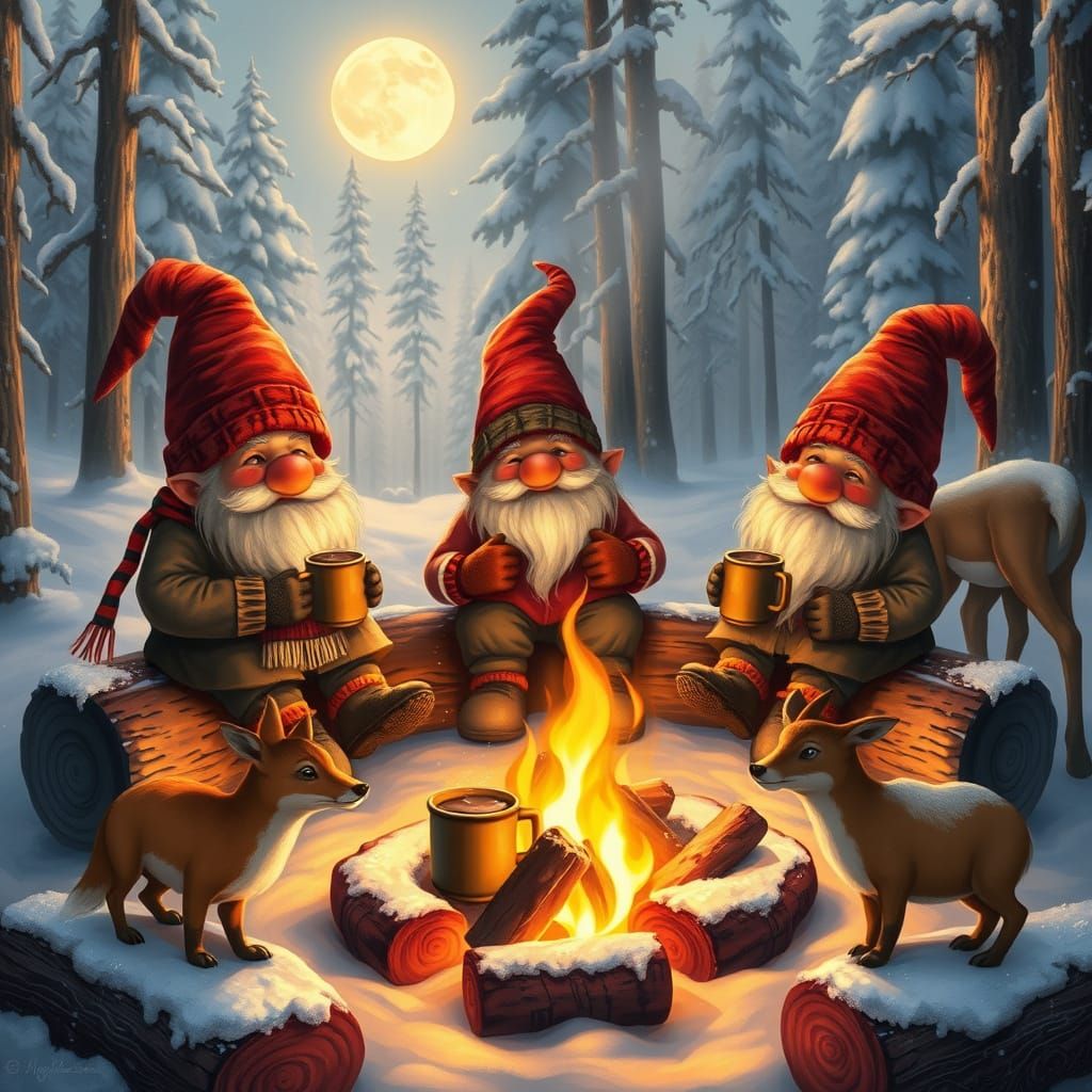 Gnomes Gather Around a Cozy Winter Campfire