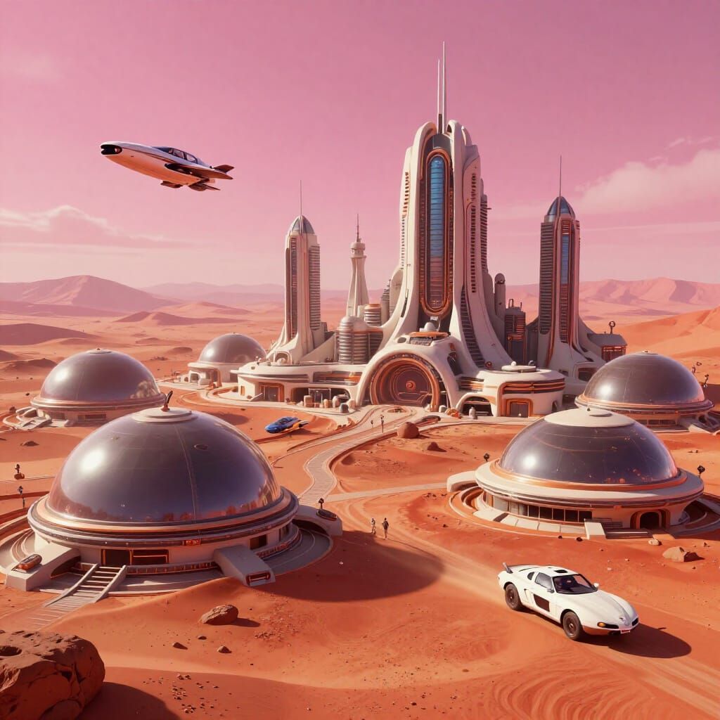 Retro-futuristic Mars City with Flying Vehicles