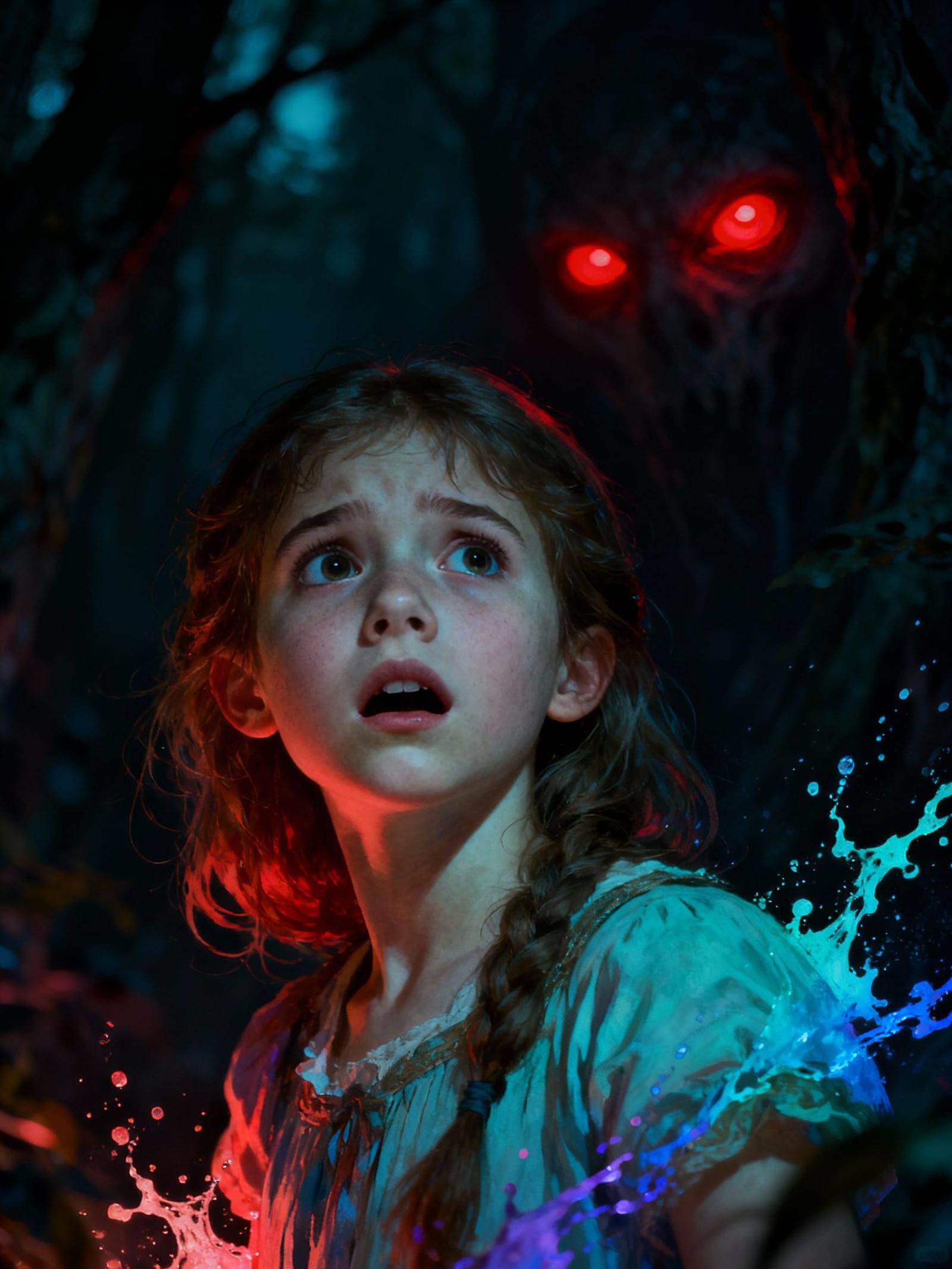 Frightened Girl Watched by Red Eyes in Dark Forest