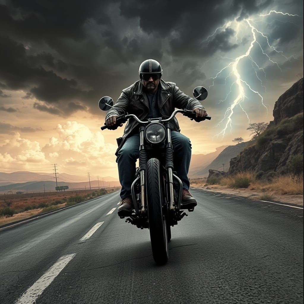 Motorcycle Rider Cruises Through Approaching Storm