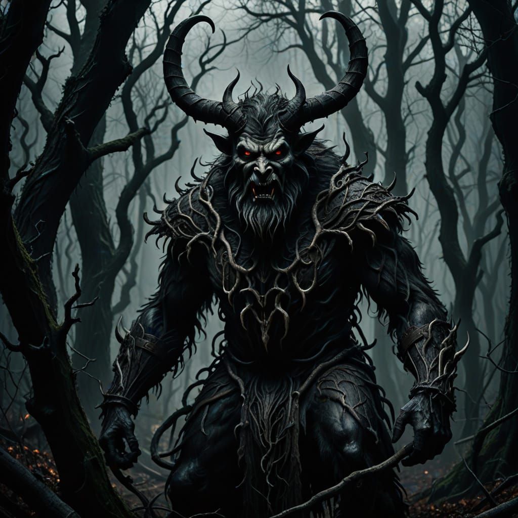 Biomechanical Krampus in Dark Forest: Surreal Art