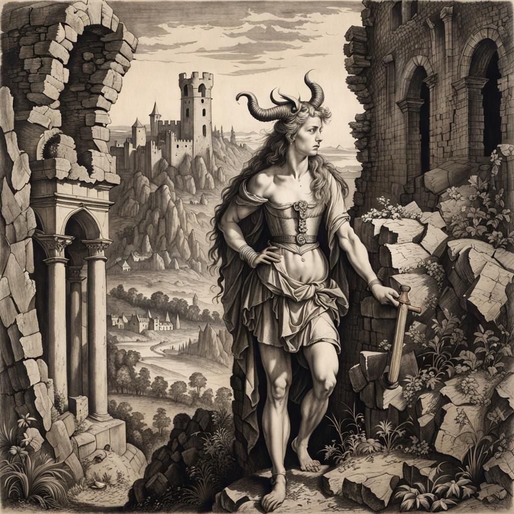 Female Satyr Explores Ruined Castle: Charcoal Drawing