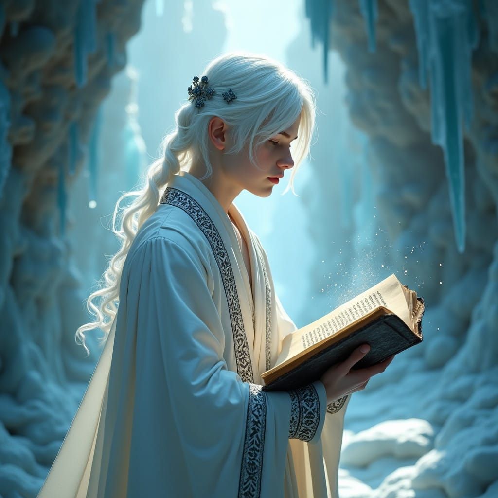Mystical Albino Teenager in Icy Chamber, Reading from Prayer...