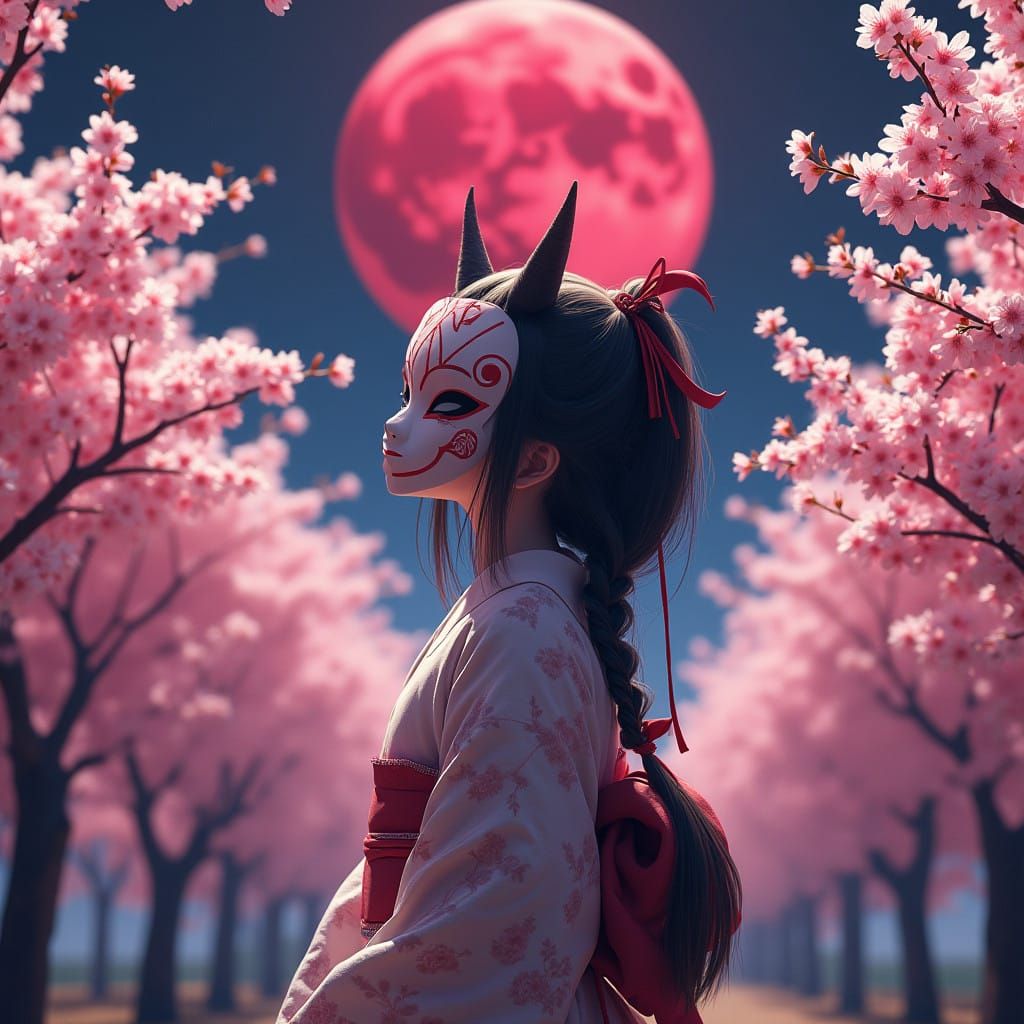 Serenely Standing Girl in Sakura Field Under Crimson Moon