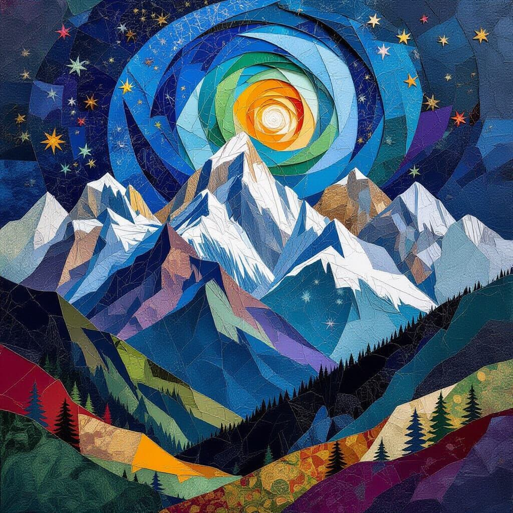 Majestic Mountainscape Collage of Paper and Fabric