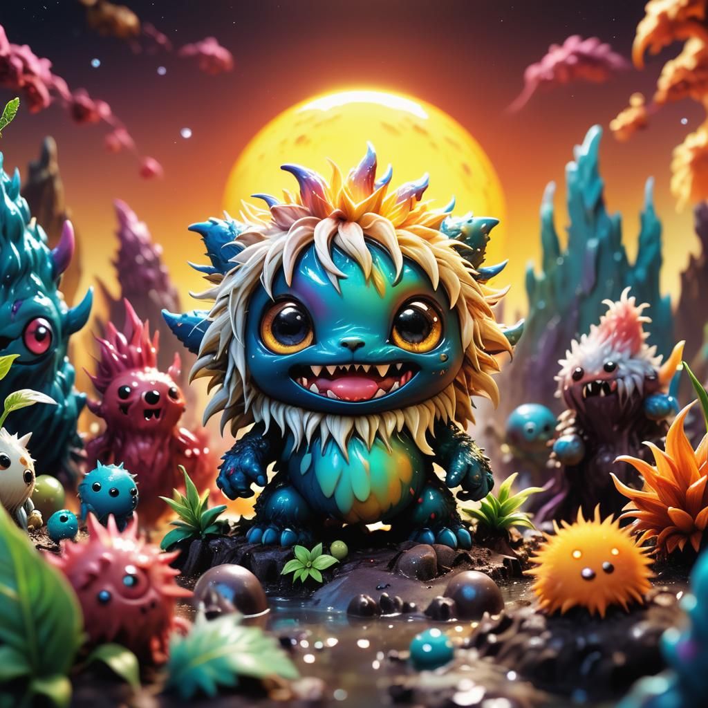 Planet of Diverse Chibi Monsters in Wax, Digital Art
