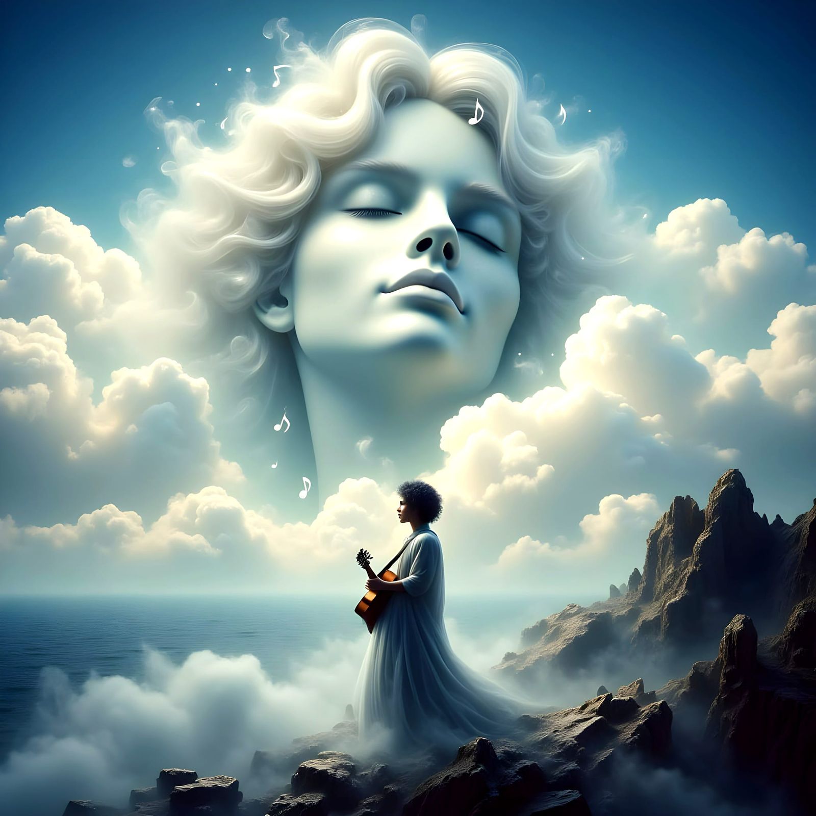 Dreamy Musician in Enchanted Smokey Ethereal Landscape