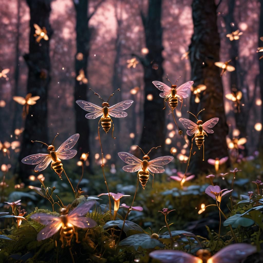 Golden Fireflies Dance in Forest: Photorealistic Art