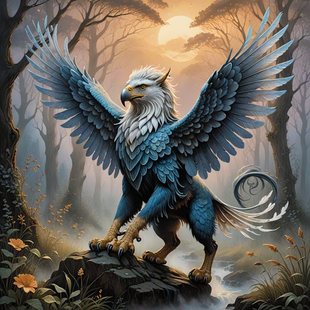 Majestic Winged Lion-Eagle in Dreamy Misty Landscape