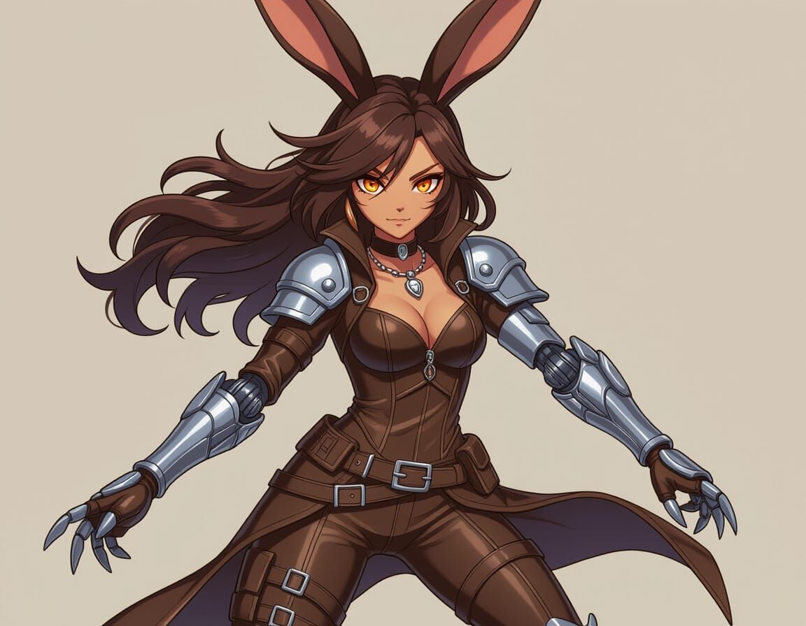 Rabbit Woman Warrior with Cybernetic Arm, in Anime Style