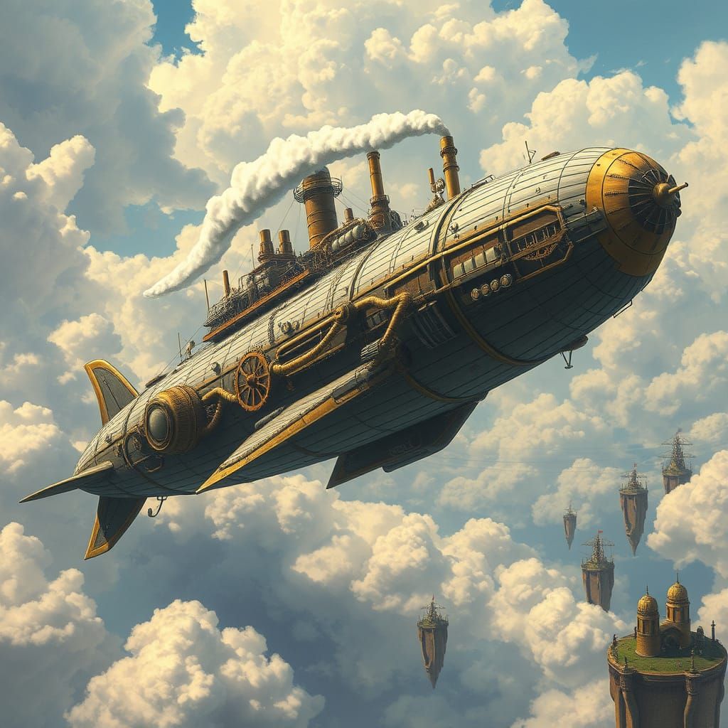 Whimsical Steampunk Airship Soaring Through Fantasy Sky