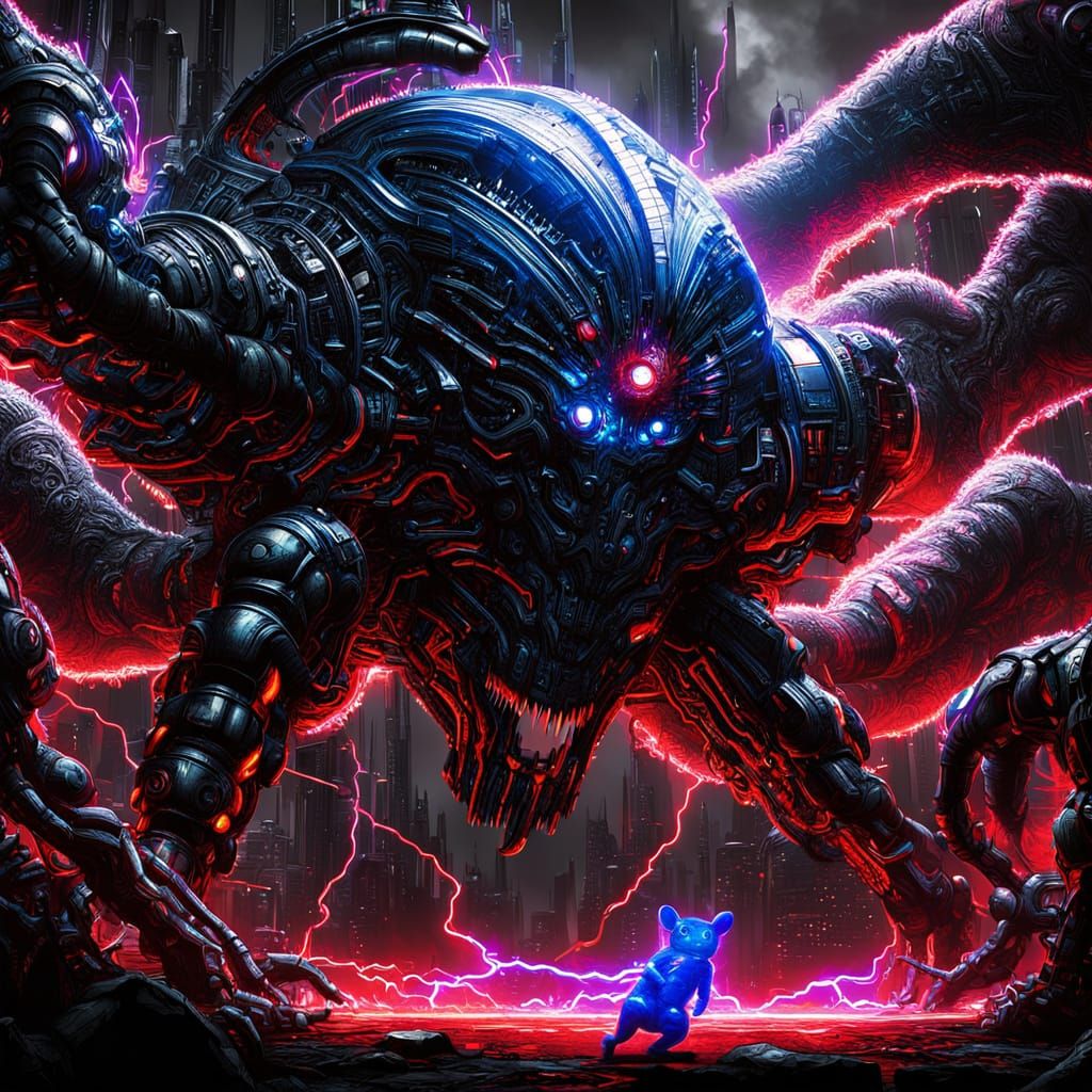 Biomechanical Sci-Fi Showdown in a Dark, Futuristic Lab