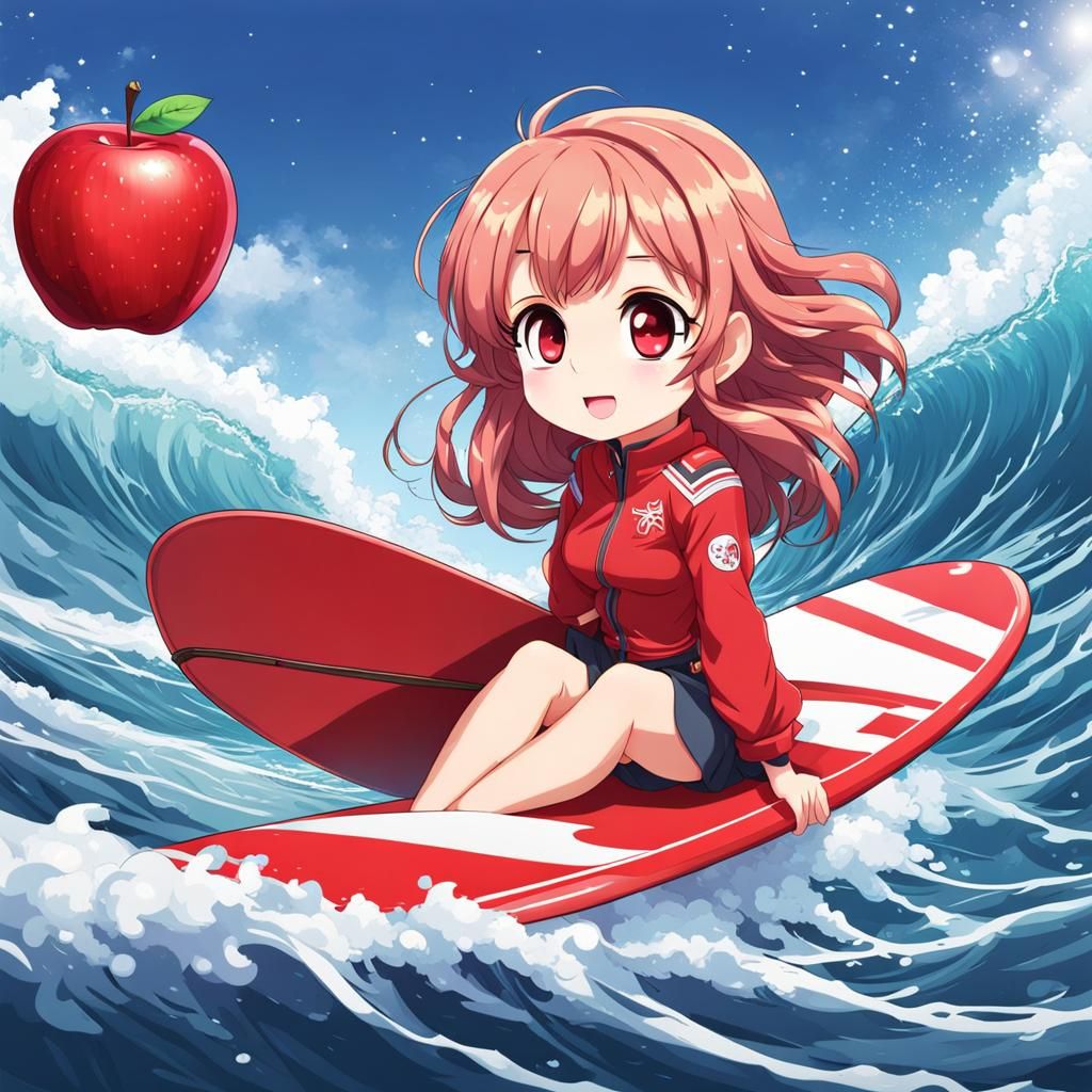 Chibi Apple Girl Surfing: Anime Style Illustration