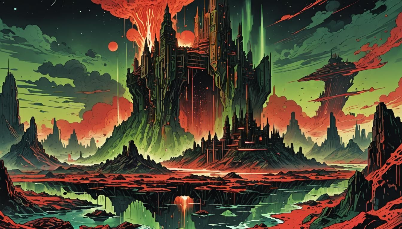 Vibrant Retrofuturistic Atlantis Levitates Amidst Cosmic Cha...