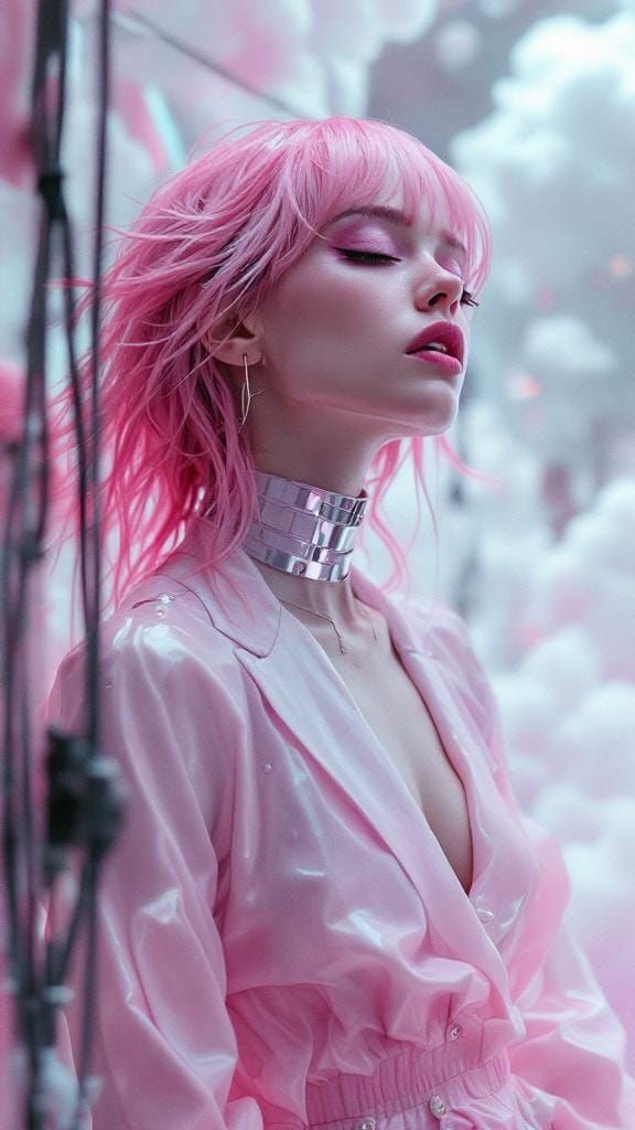 Woman with Chrome Hair in Dreamcore Dressing Room