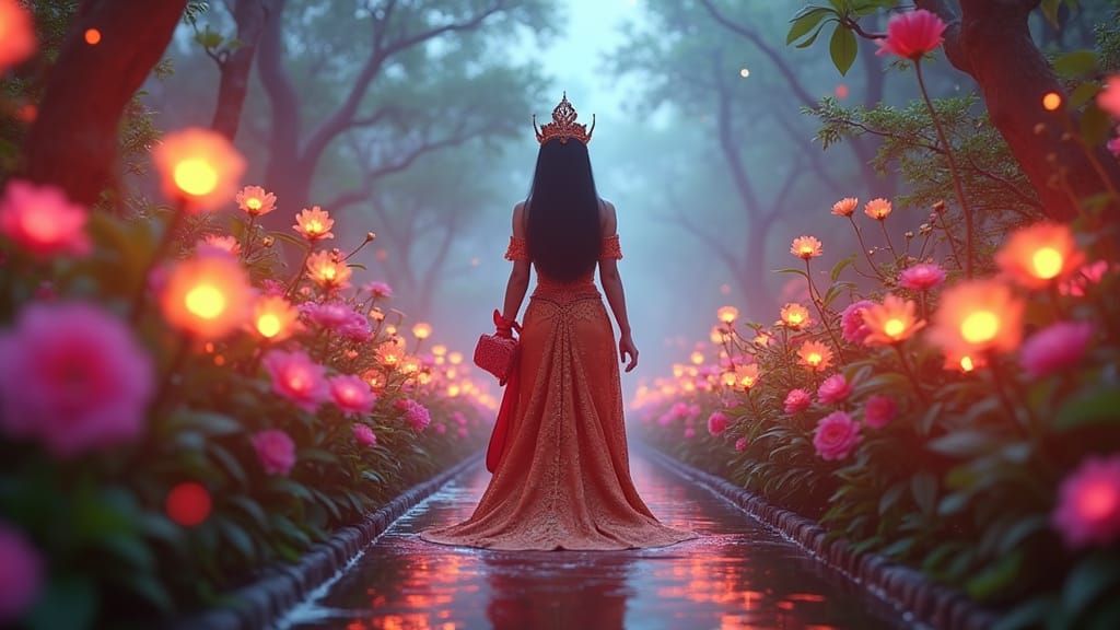 Burmese Princess in Neon Garden, 8K Anime Art