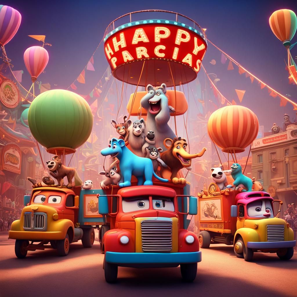 Joyful Circus Parade with Happy Animals in 3D