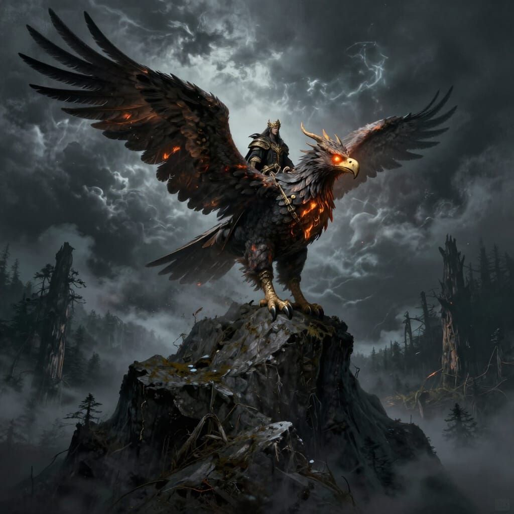 Regal Prince Rides Gryphon on Mountain Peak