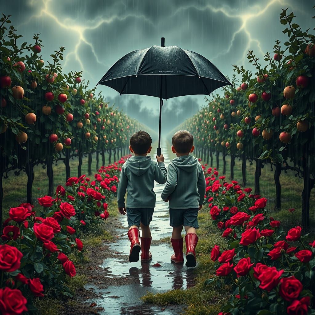 Boys in Red Boots Under Storm, Atmospheric Lighting