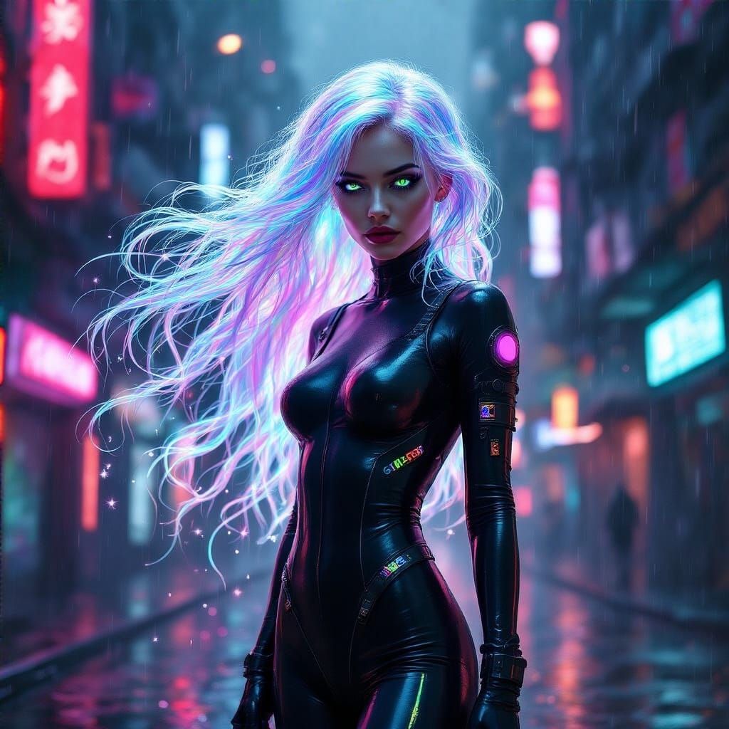 Ethereal Cyberpunk Goddess in Iridescent Neon Glory