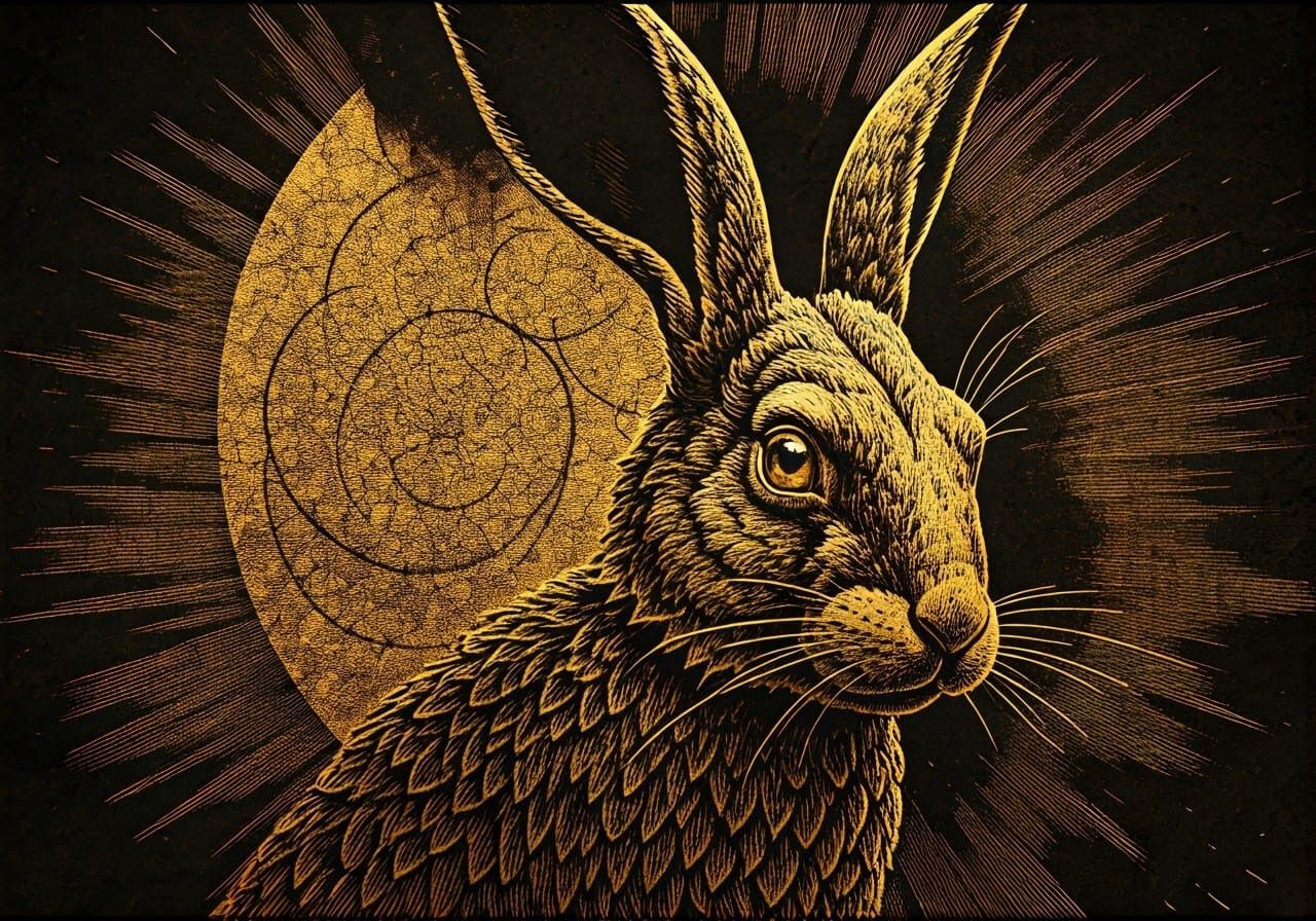 Gold Ink Rabbit Design on Fragmented Parchment