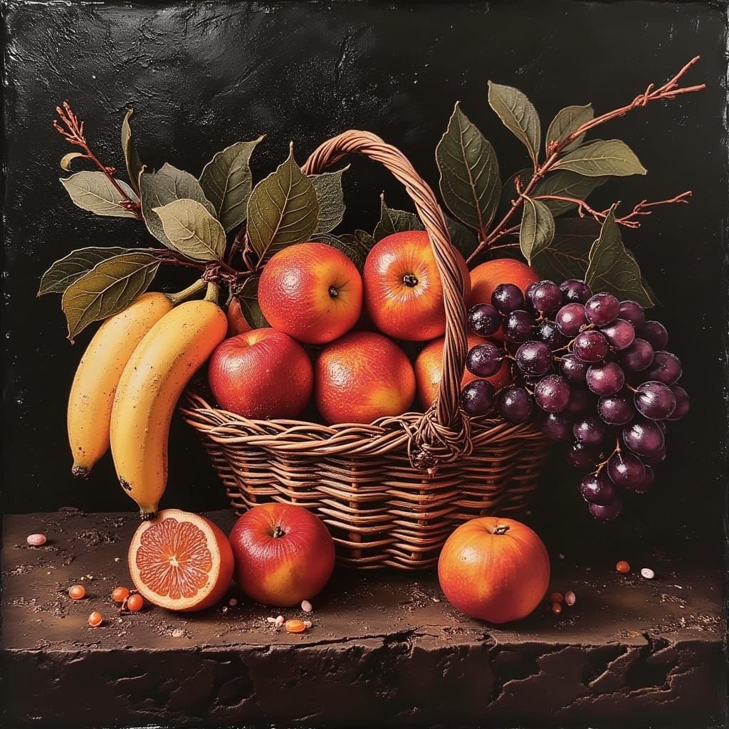 Fruit Basket Still Life with Dew Drops