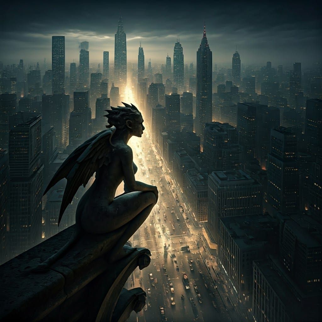 Gargoyle Overlooking Futuristic Metropolis in Cyberpunk Styl...