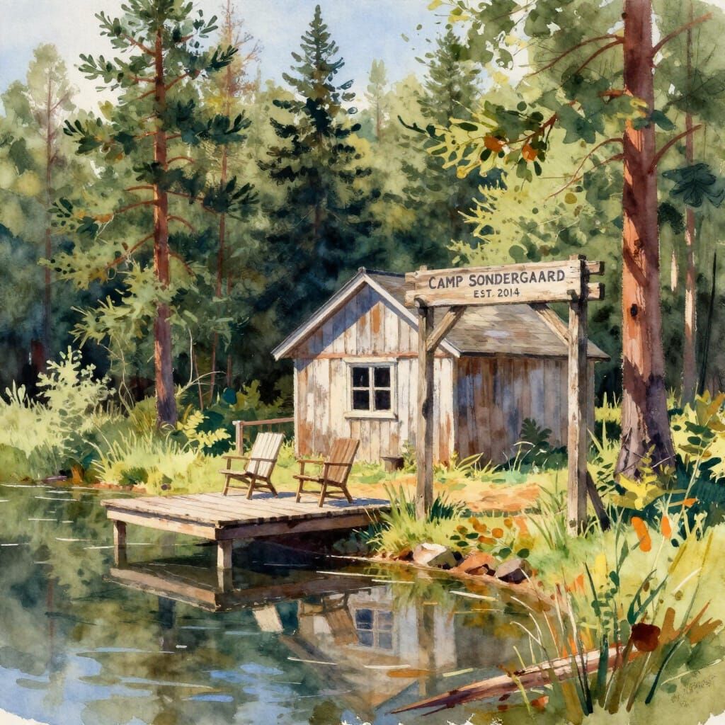 Rustic Shanty by Pond in Watercolor Style