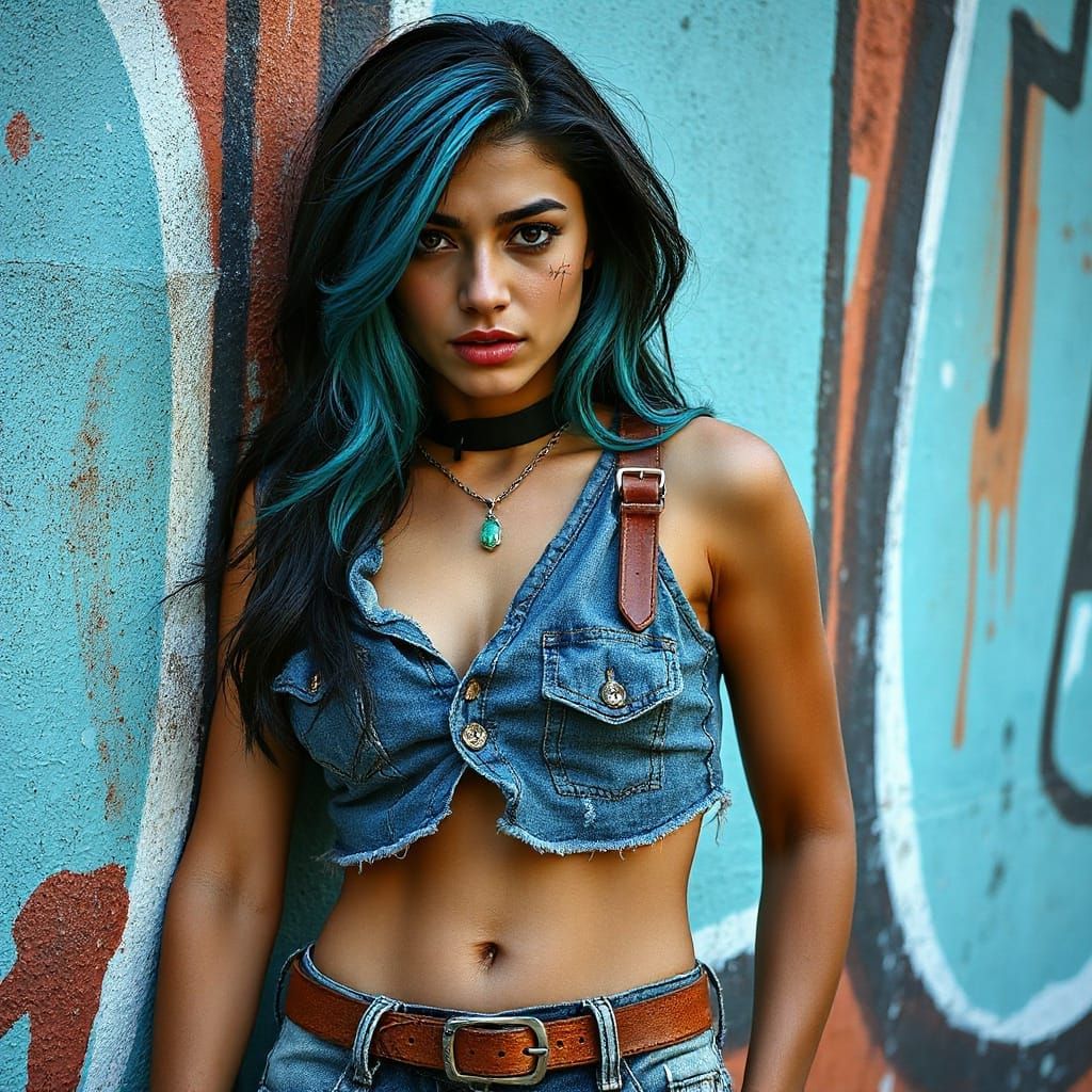 Defiant Latina Woman Against Graffiti Wall