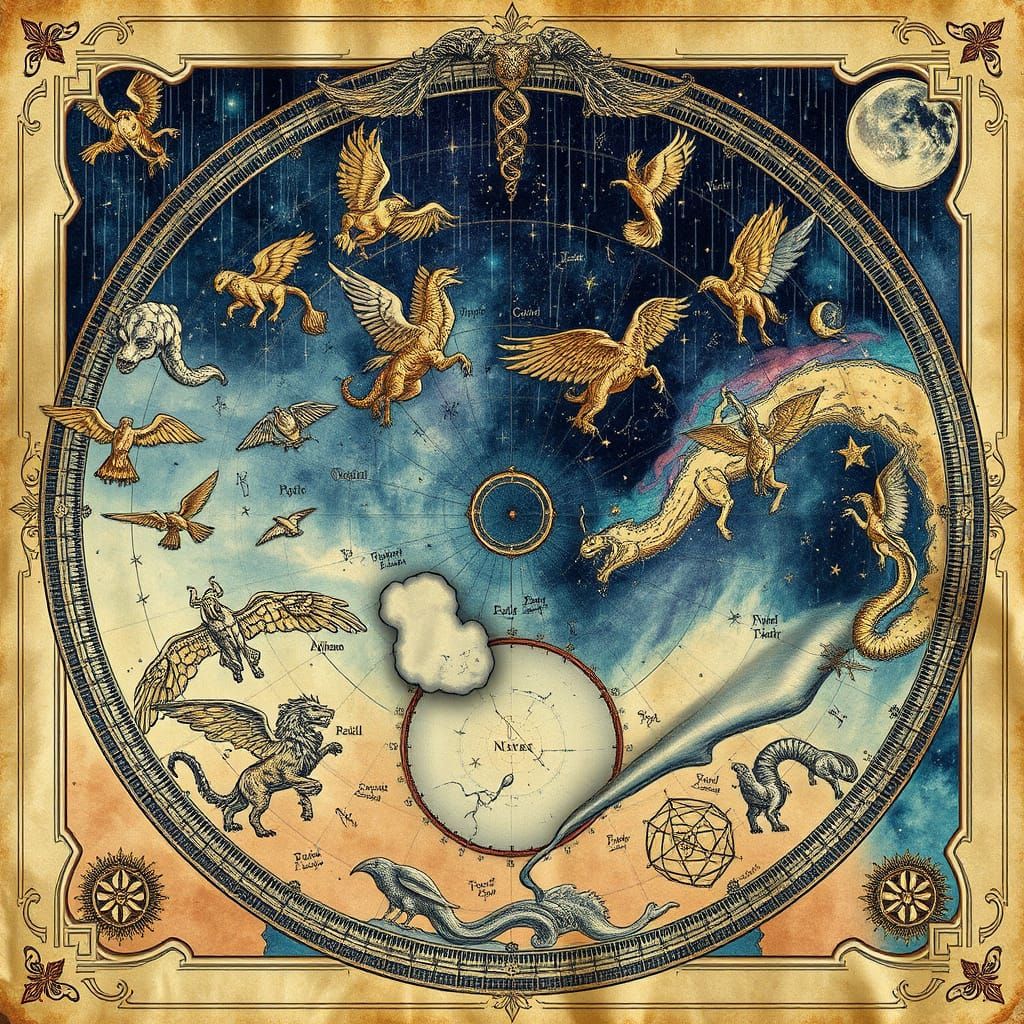 Cosmic Map of Mythical Beasts on Stormy Parchment