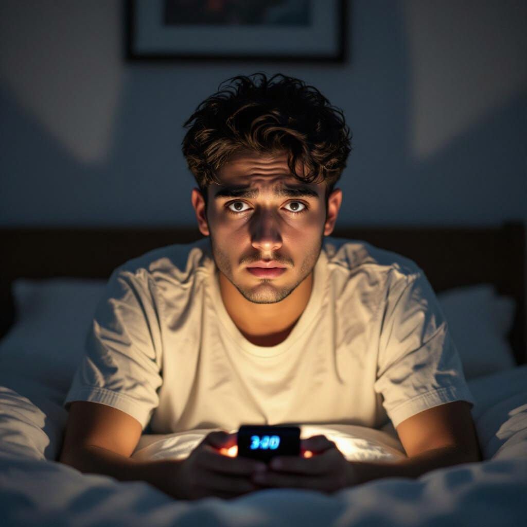Eerie Bedroom Scene: Man Awakened by Phone Glow at 3 AM