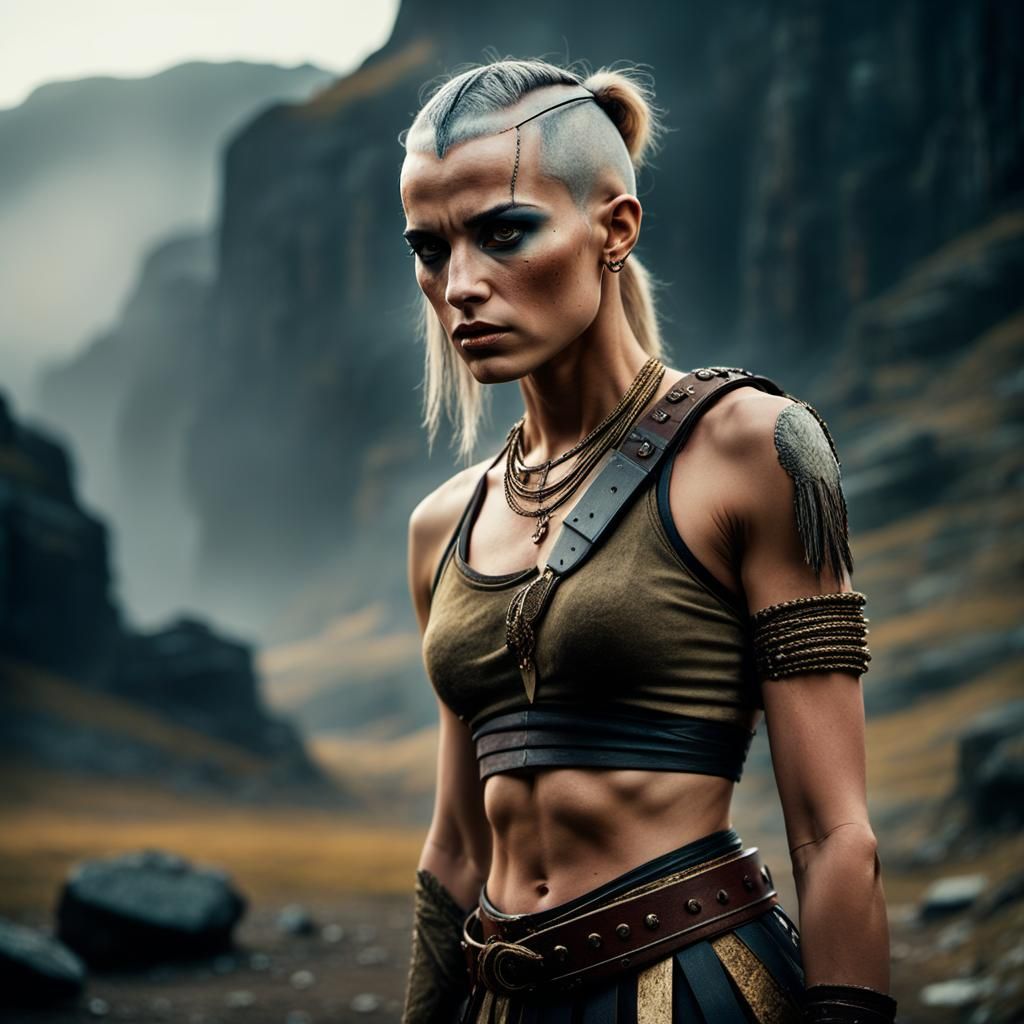 Barbarian Girl in Misty Landscape, Cinematic Film Still