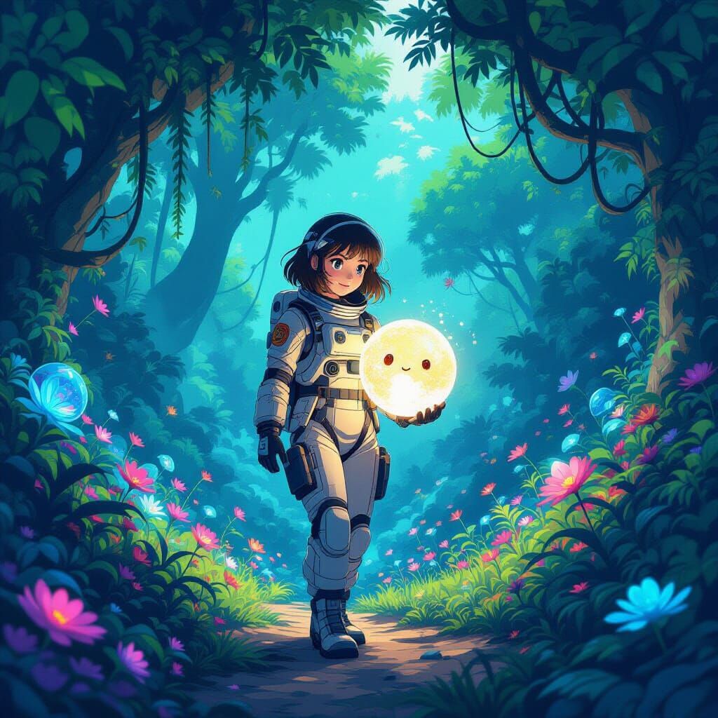 Female Astronaut in Bioluminescent Alien Jungle