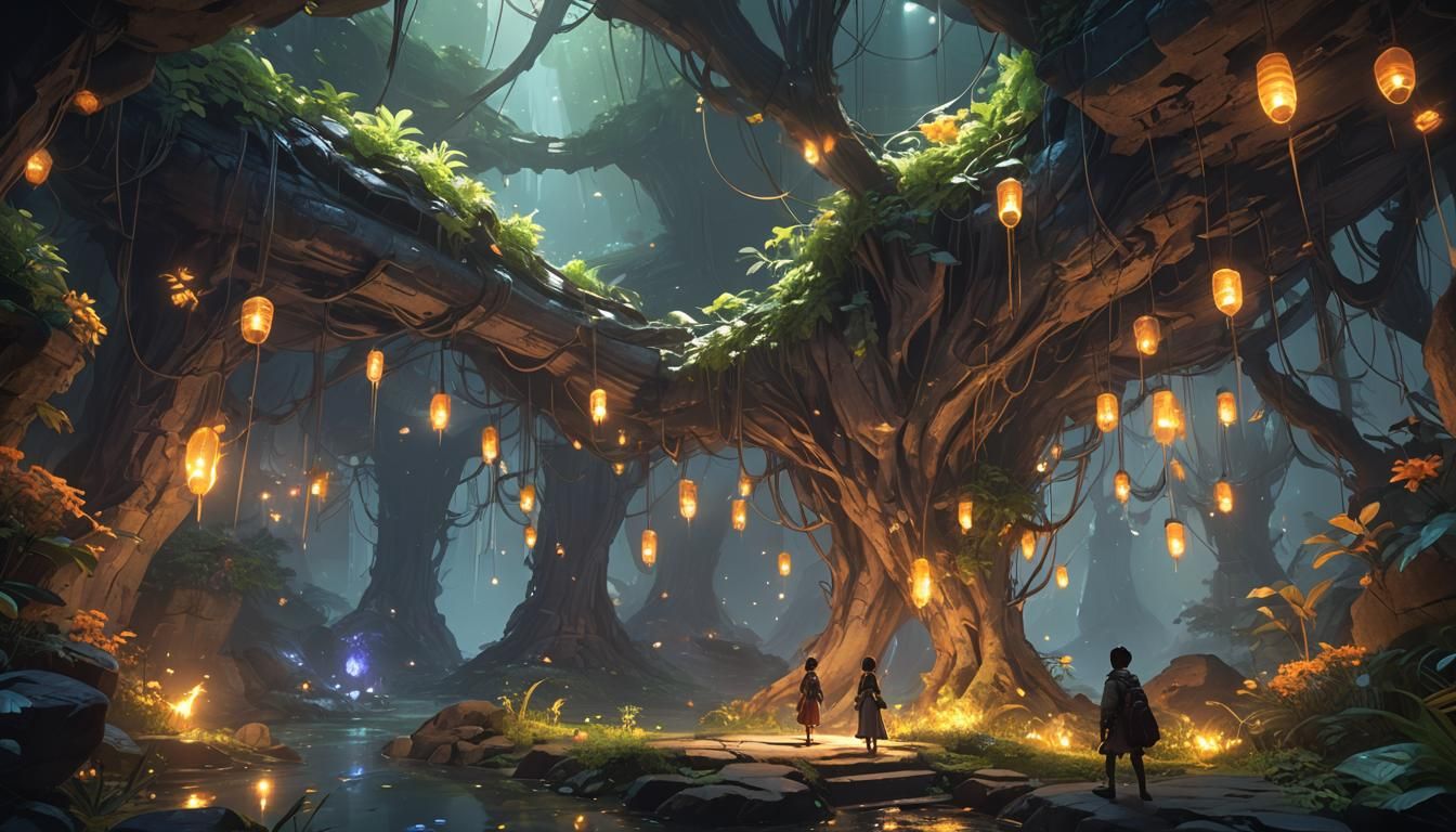 Firefly Cave with Fantastic Creatures in Anime Style
