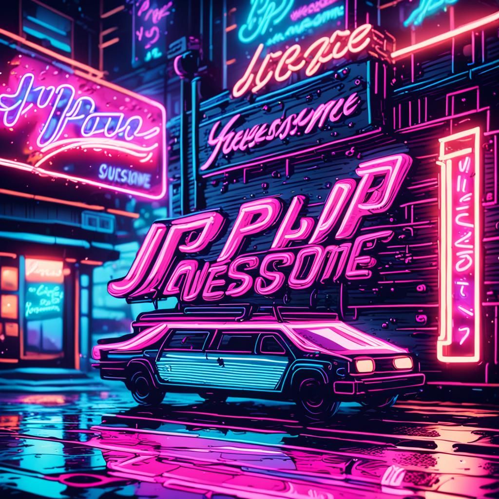 Retro Neon Sign on Rainy Cyberpunk Street