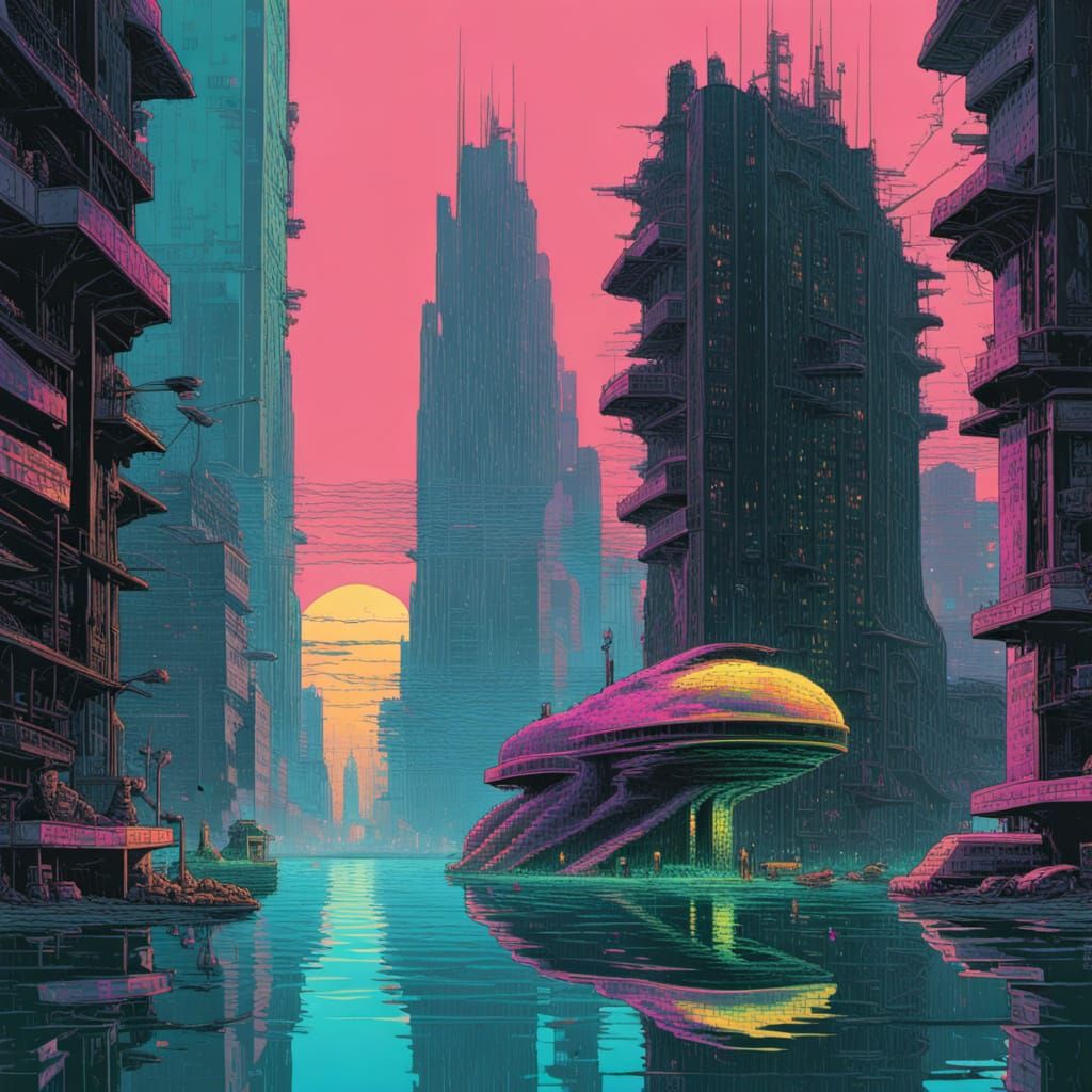 Cyberpunk Brutalist Metropolis Under Water in Pixel Art Styl...