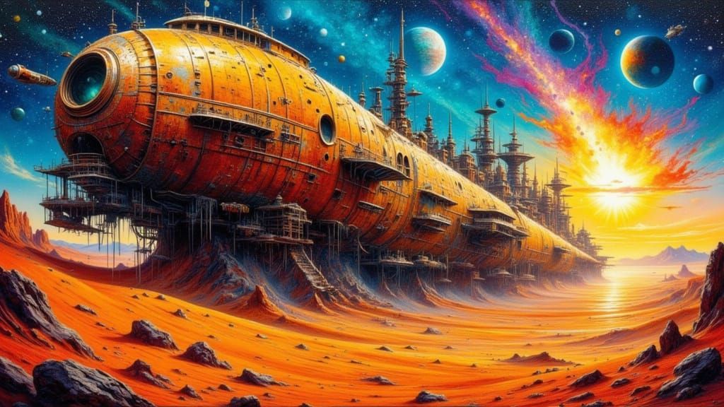 Cyberpunk Spaceship Abandoned in Alien Desert Planet Landsca...