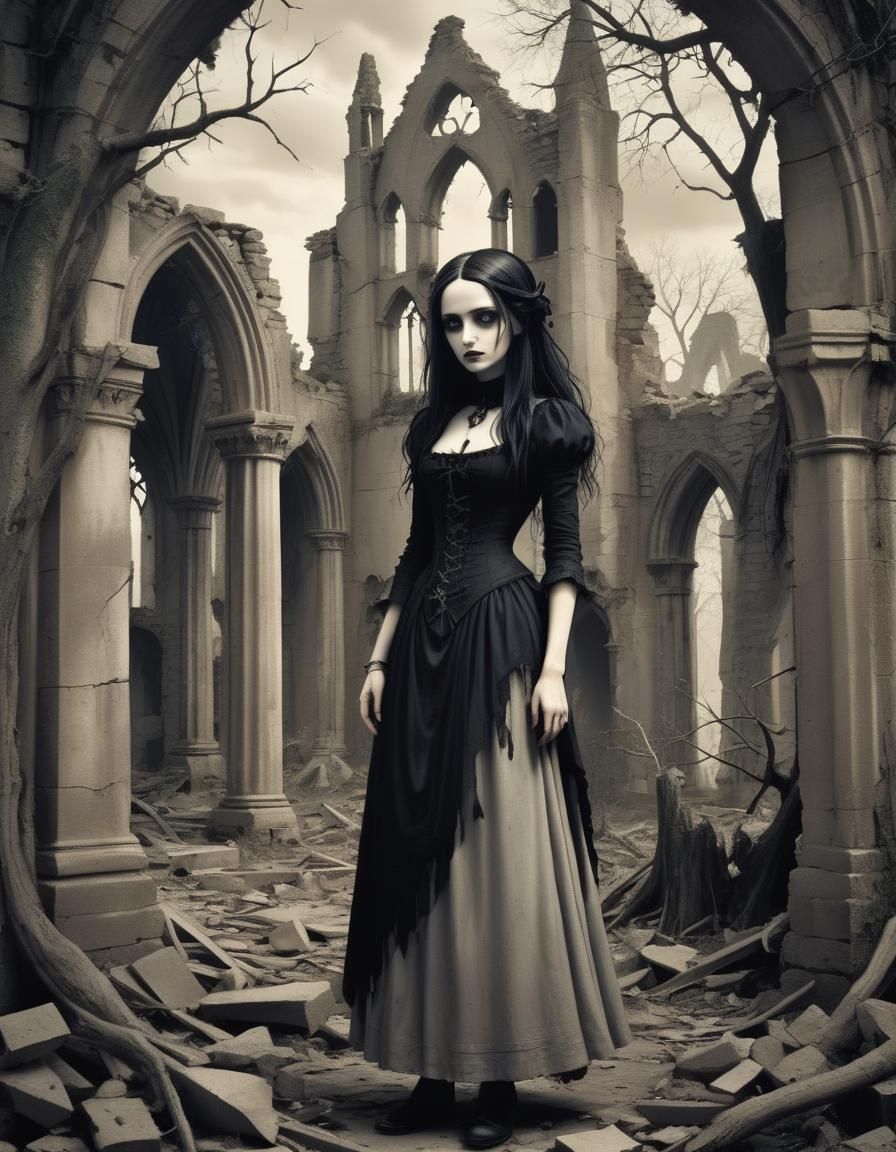 Carton Gothic woman, ruins, trees,