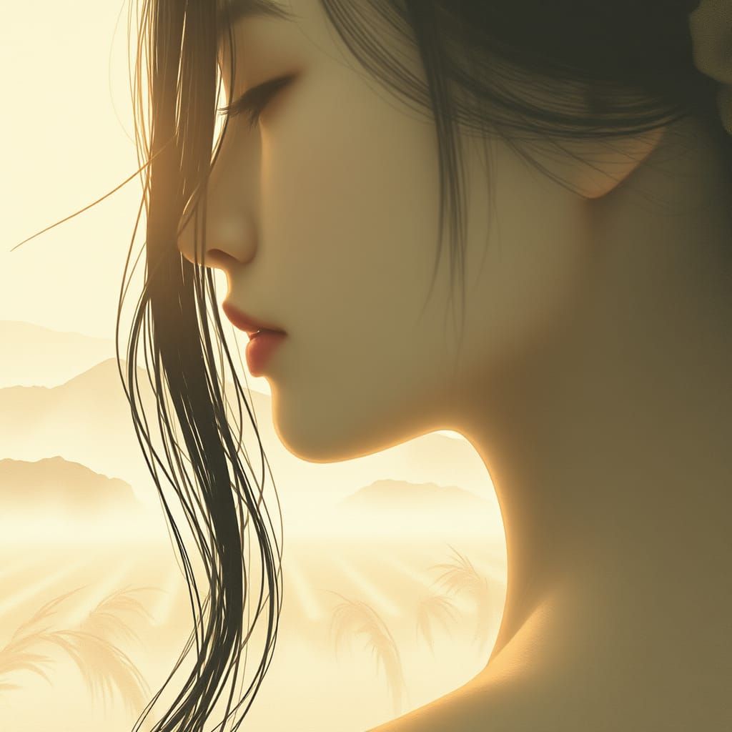 Surreal Woman in Golden Haze, Wabi-Sabi Watercolor Art